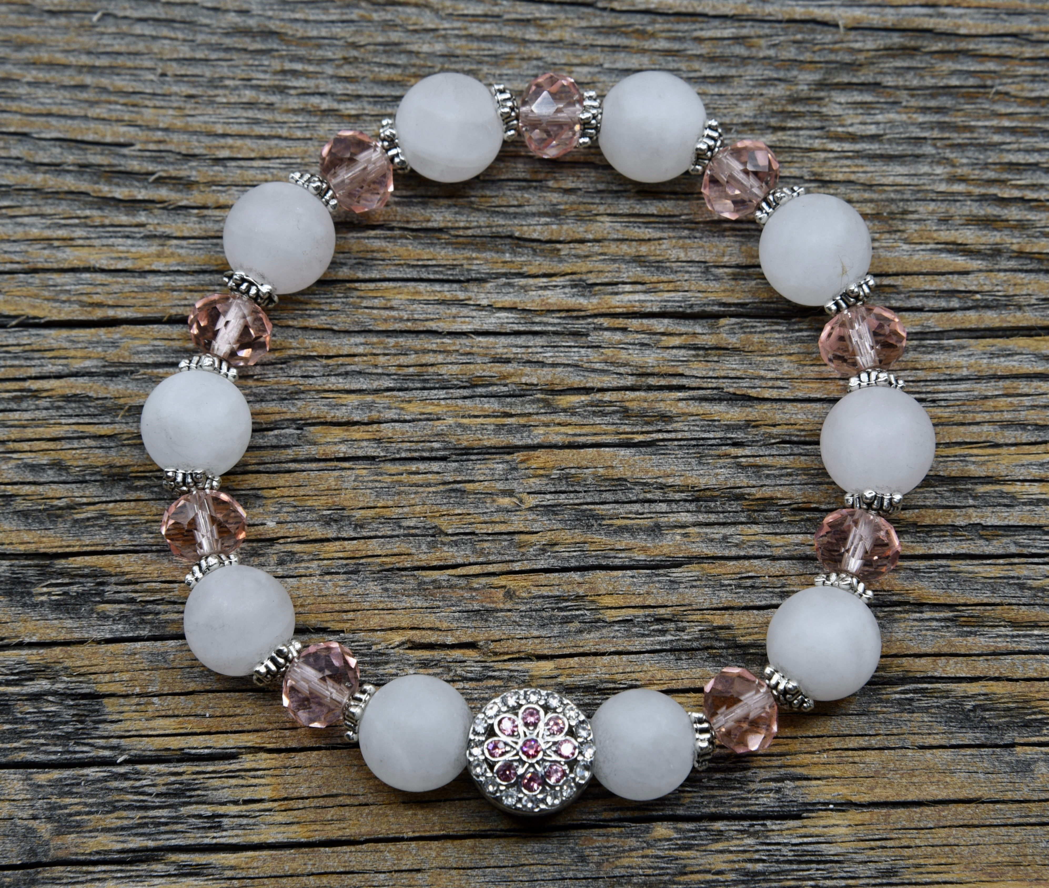 Rose Quartz Bracelet With A Crystal Floral Charm