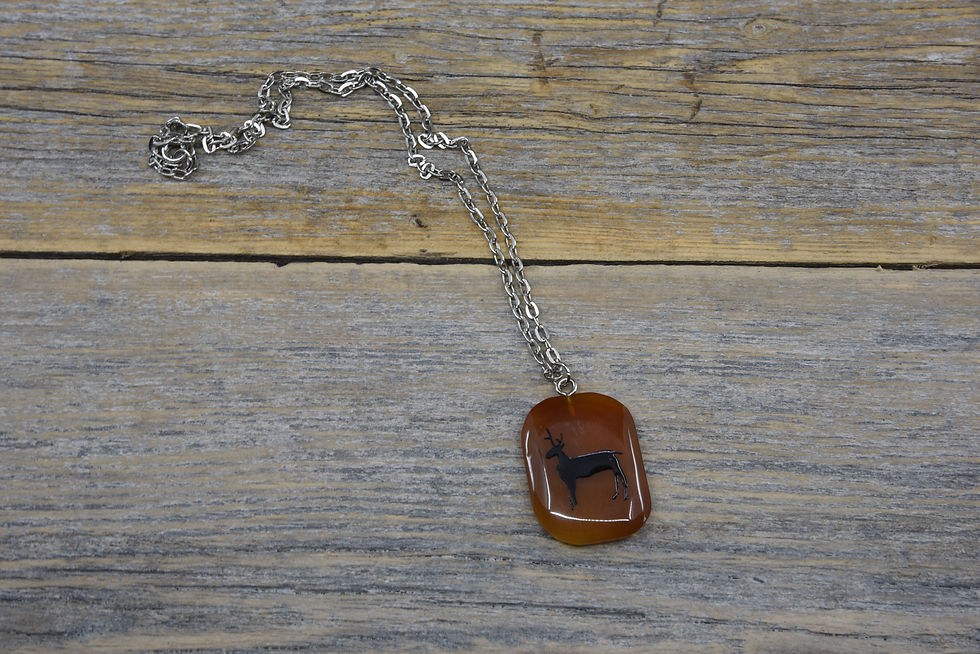 Thumbnail: Red Brown Agate Stag Cave Painting Pendant with Chain.