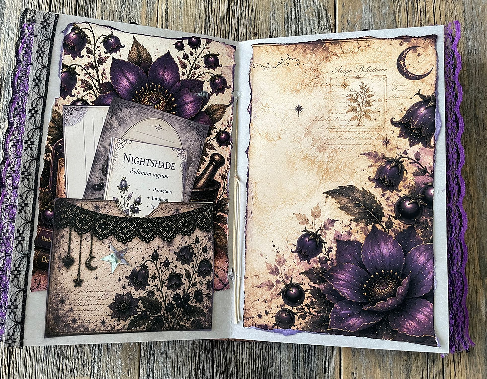 Thumbnail: Open Nightshade Keepsake Journal showing layered botanical pages, decorative pockets, removable tags, tassels, star-patterned