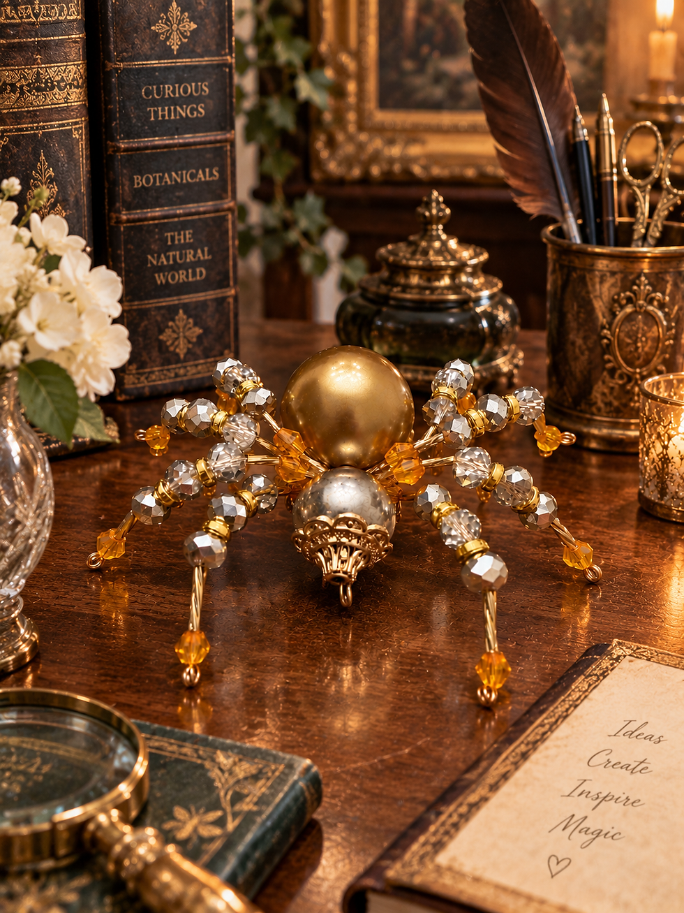 Thumbnail: Isadora handcrafted gold and silver beaded spider home décor by Fae Bella West