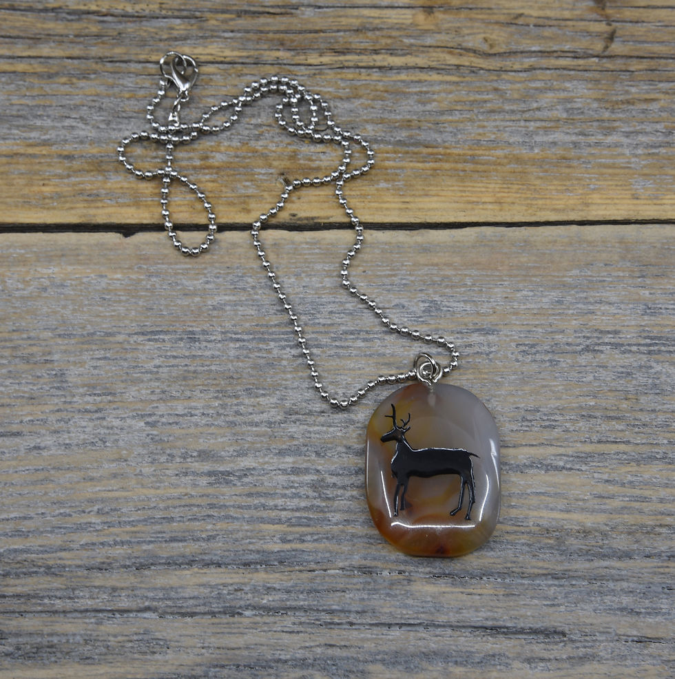 Thumbnail: Red Brown Agate Stag Cave Painting Pendant with Chain.