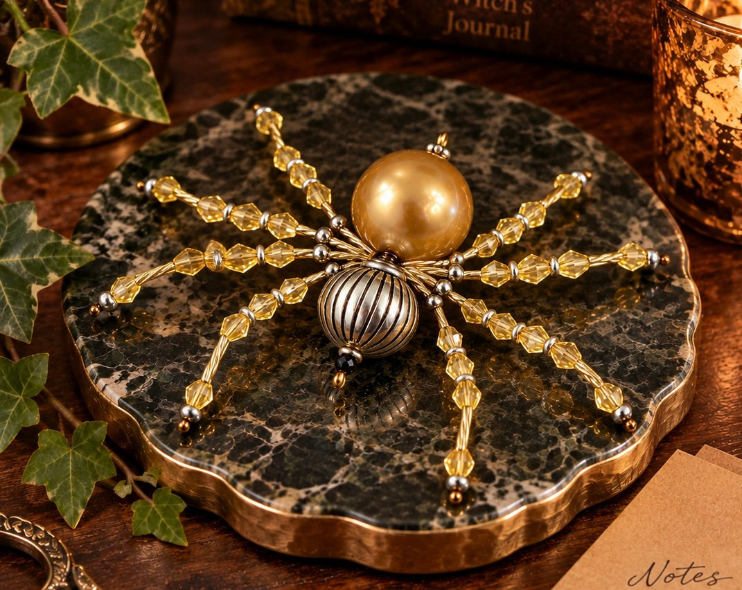Percival handcrafted champagne gold and silver beaded spider desk décor by Fae Bella West.