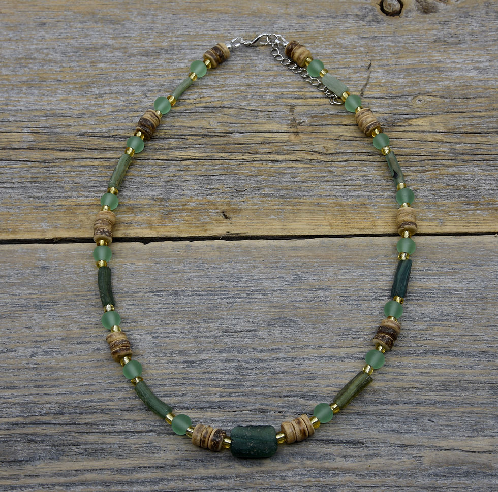 Thumbnail: Green Sea Glass and Driftwood Necklace.  Ancient Roman Sea Glass.