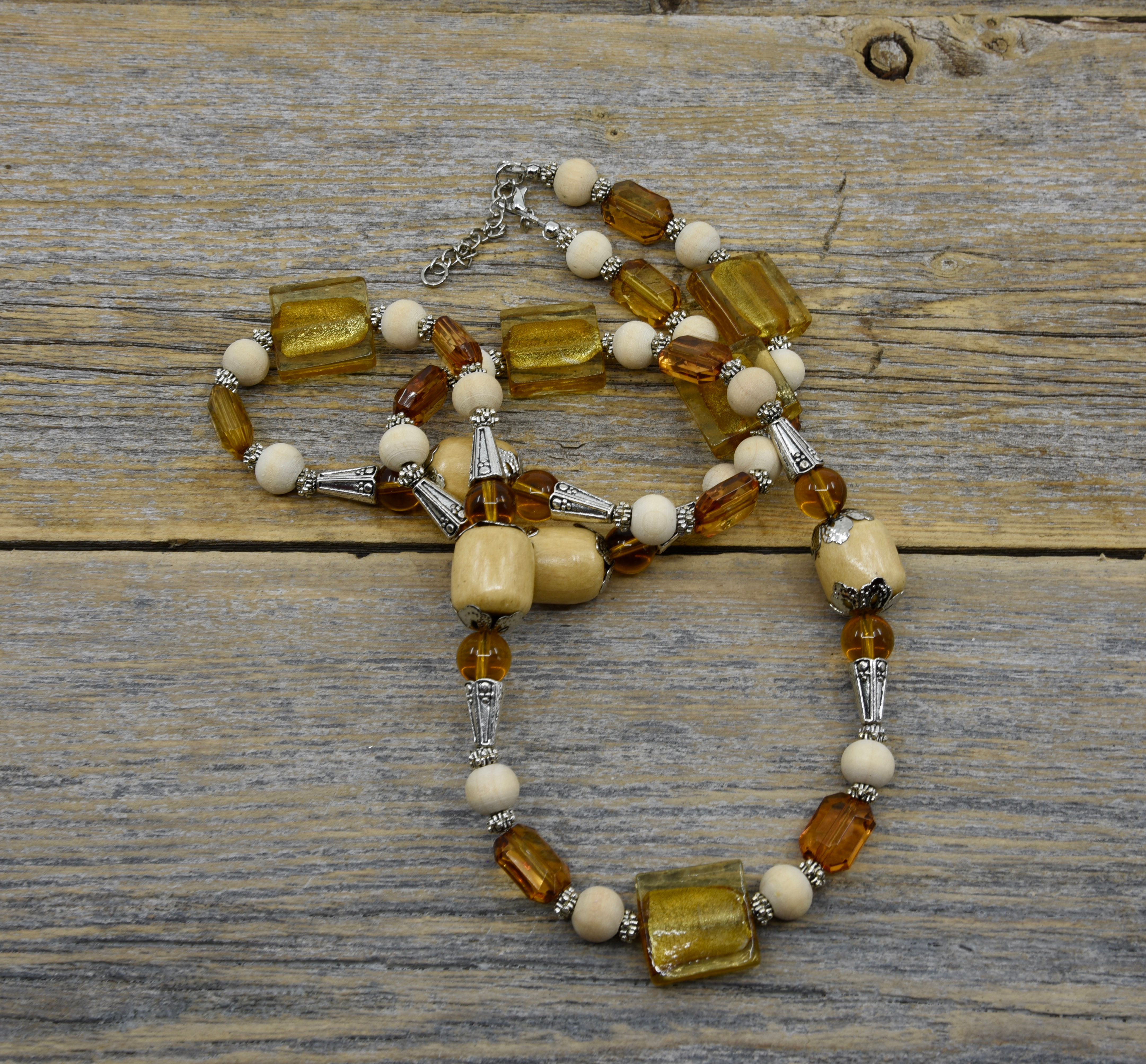 Amber Lampwork Beads and Wood Necklace.  Naturals Collection.