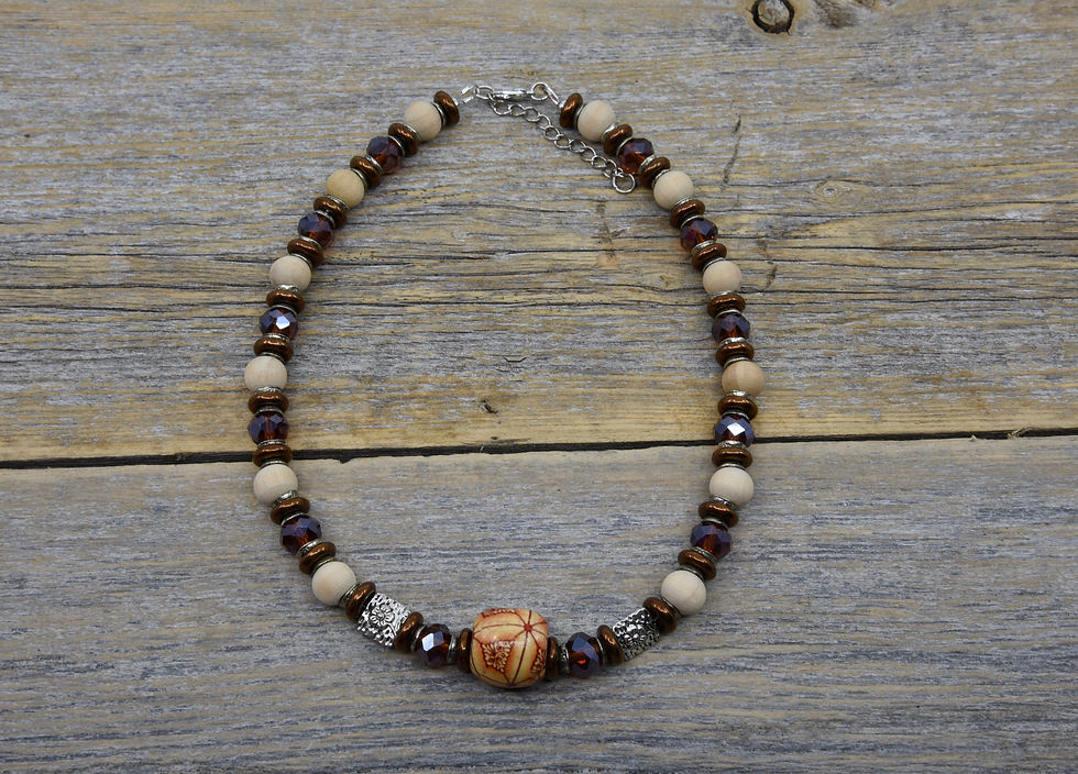 Thumbnail: Amber Glass Crystal and Wood Necklace.