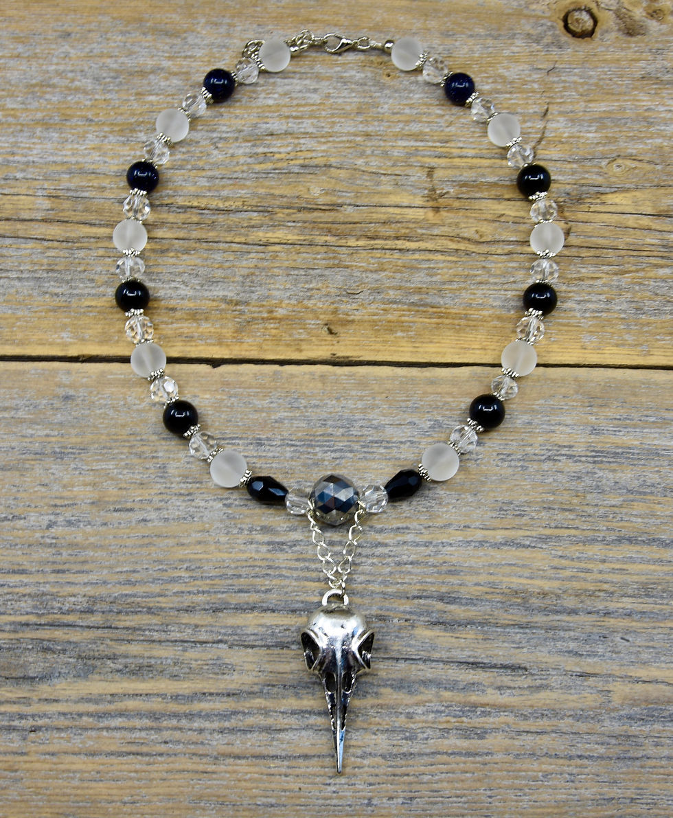 Thumbnail: Obsidian and Quartz Crow Skull Necklace. Goddess Morrigan.
