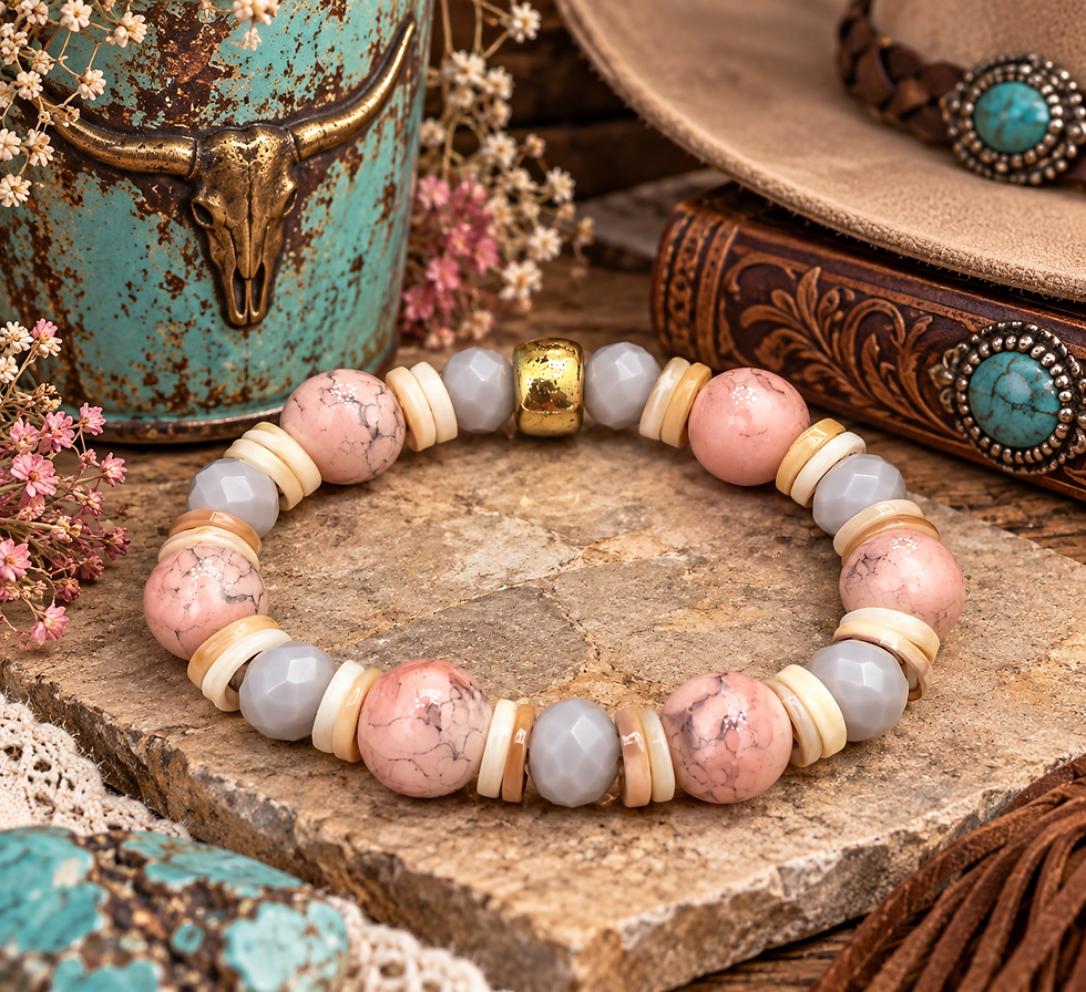 Pink Mesa pink marble glass, shell and soft gray faceted bead stretch bracelet by Fae Bella West.