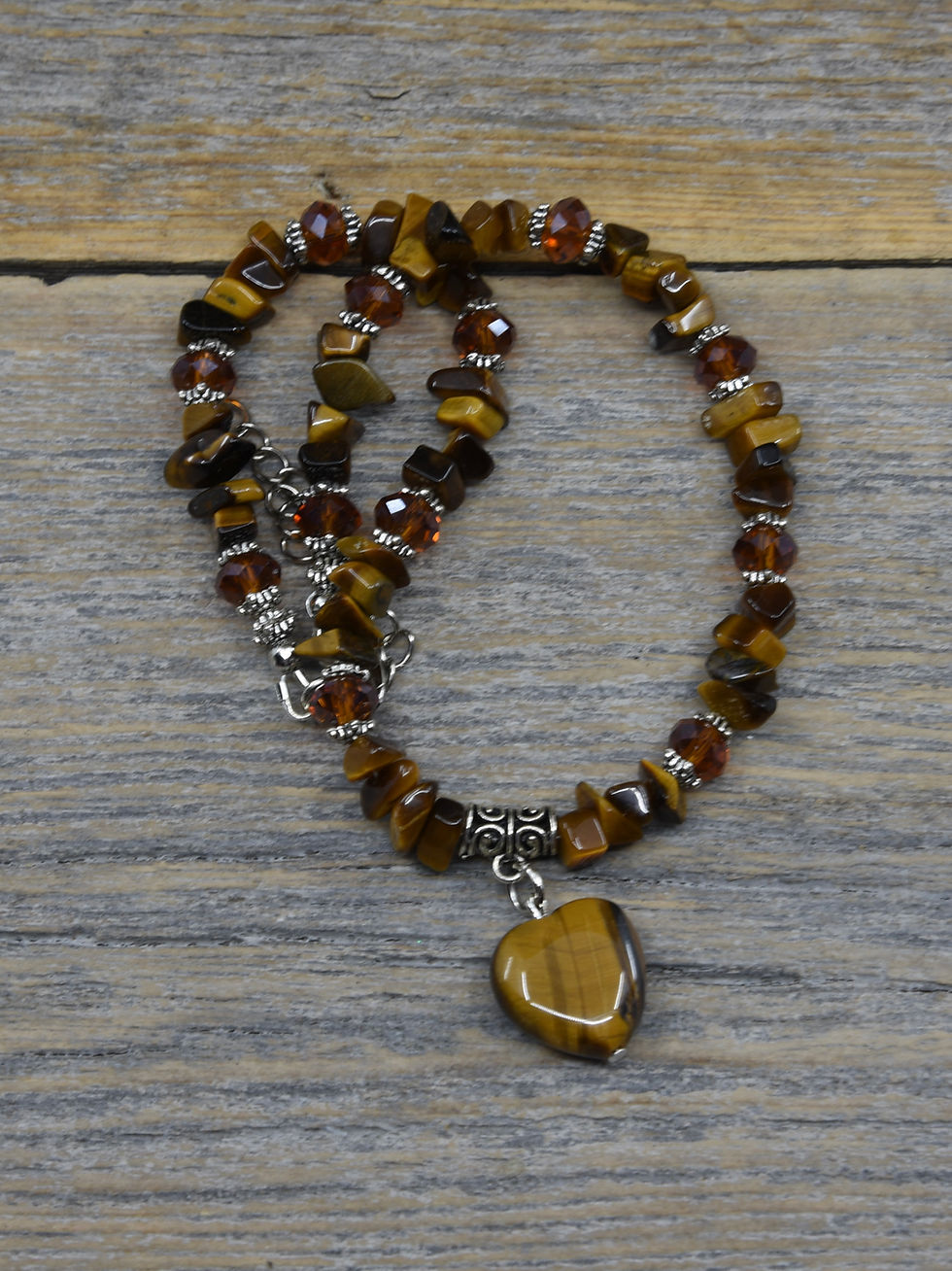 Thumbnail: Tiger Eye and Amber Crystal, Heart Choker Necklace.