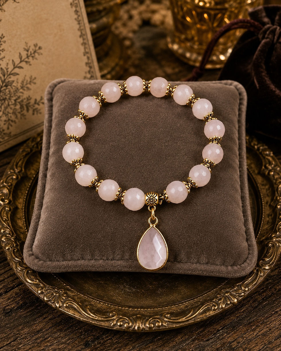 Rose quartz bracelet with antique-gold floral accents and teardrop charm.