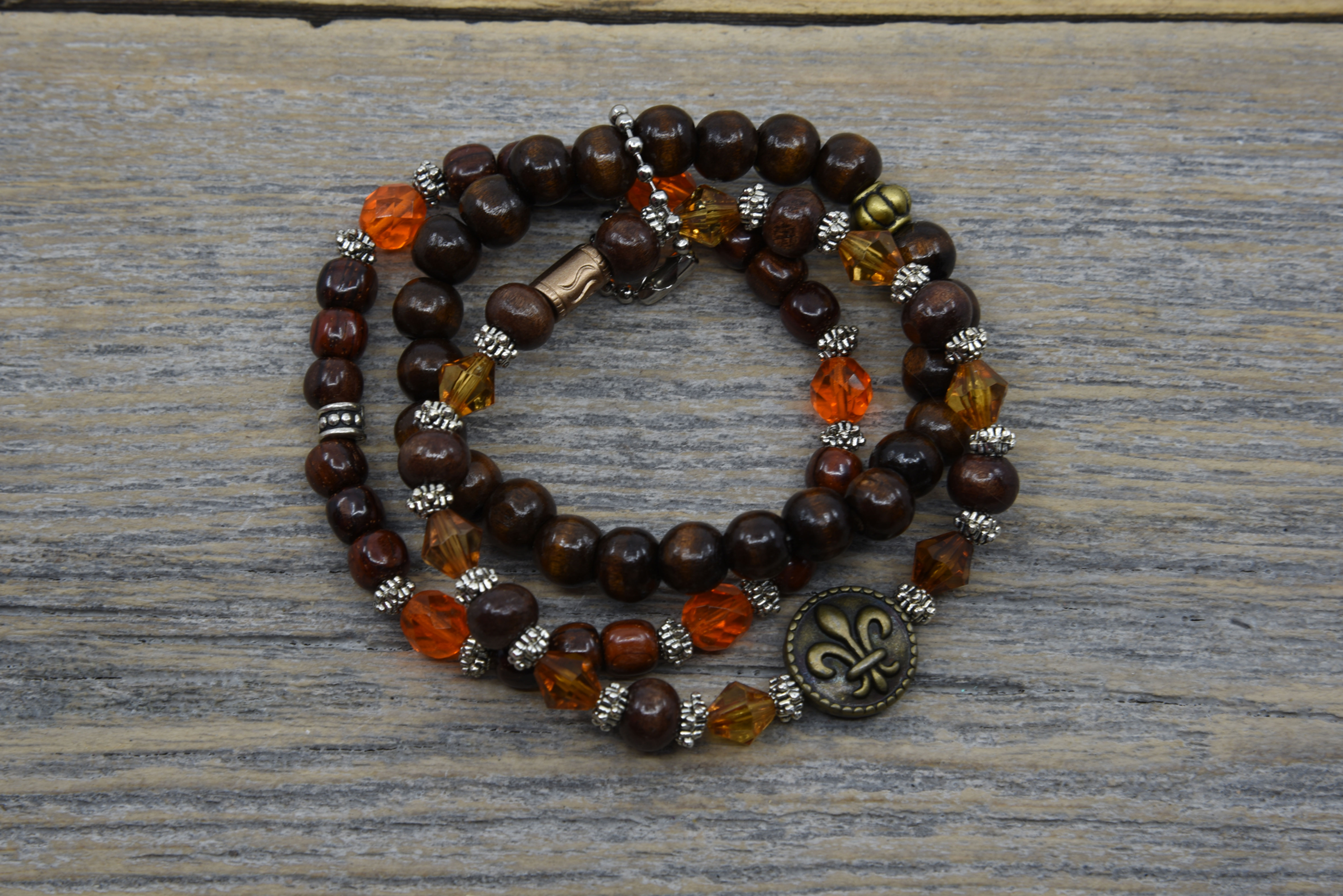 Fleur de Lis and Brown Stacking Bracelets.  Three Bracelet Set.