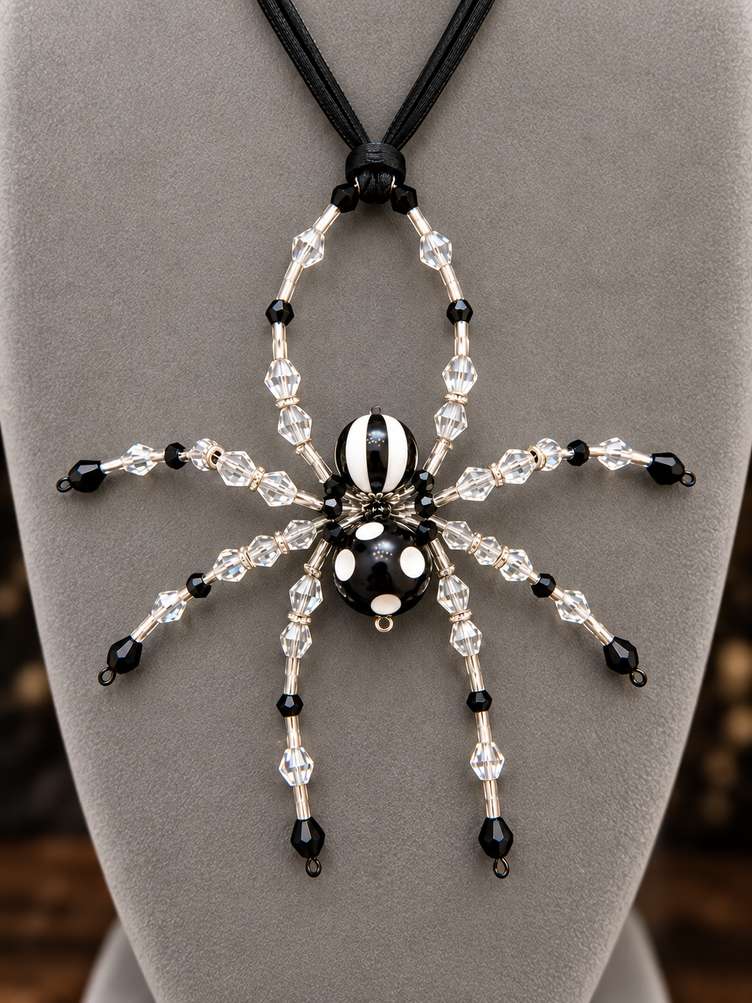 Alice black and white handcrafted beaded spider pendant with clear crystal beads by Fae Bella West”