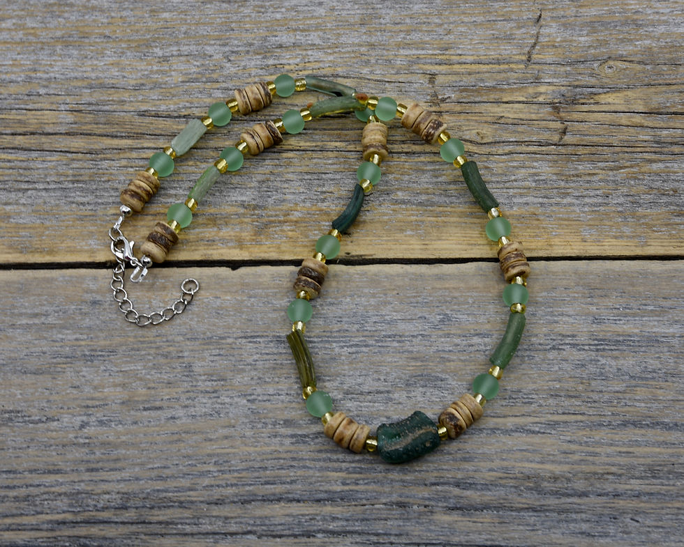Thumbnail: Green Sea Glass and Driftwood Necklace.  Ancient Roman Sea Glass.