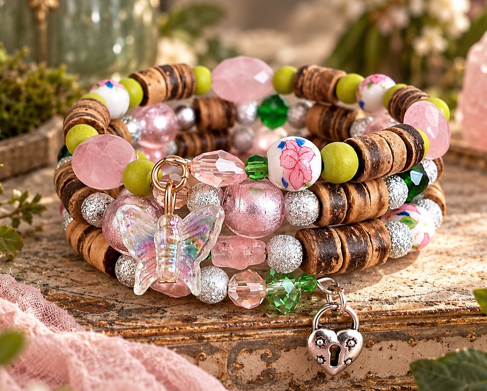 Pink Willow fairy-inspired rose quartz bracelet with butterfly charm. Fairy Glade Collection.