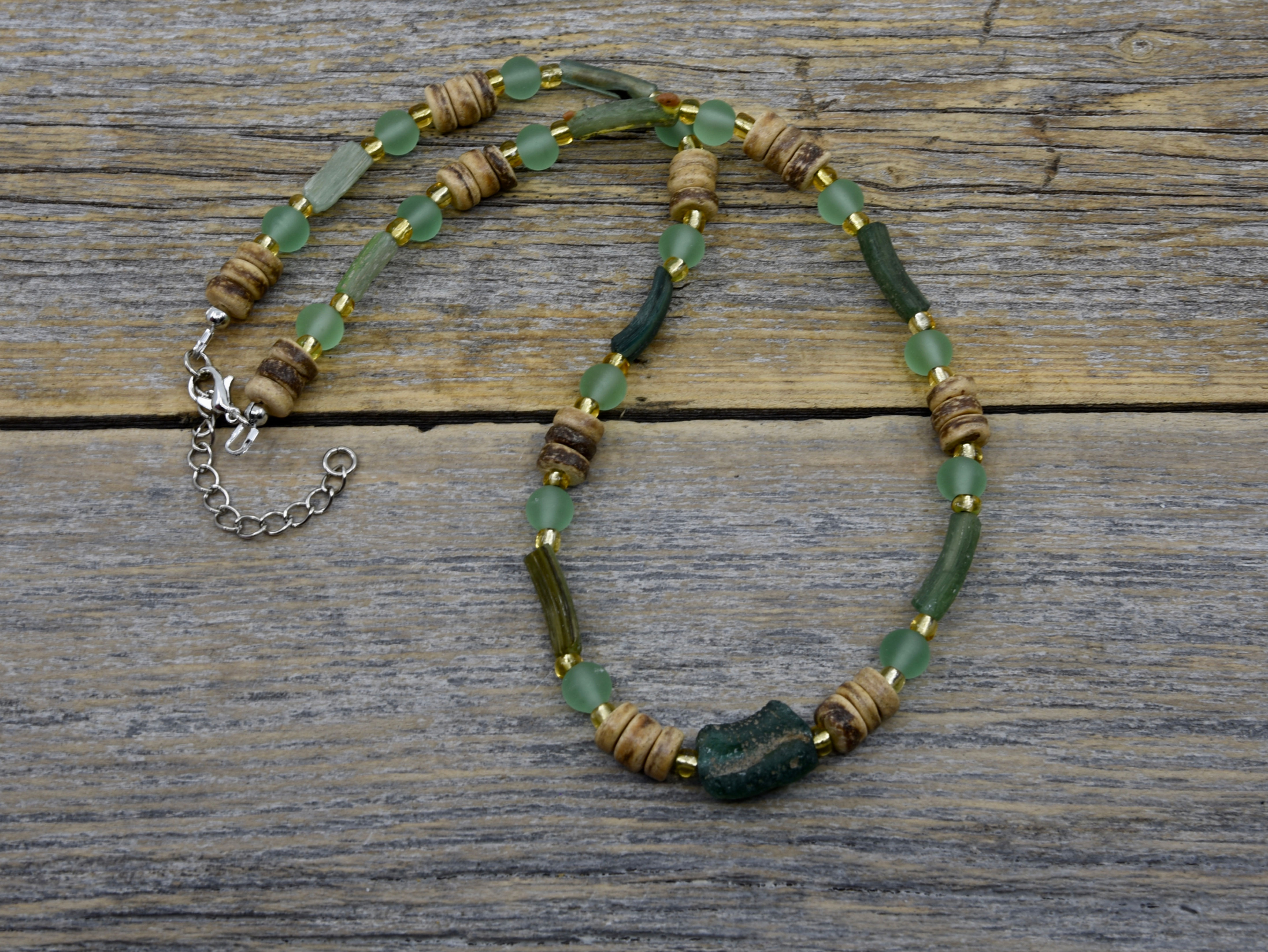 Green Sea Glass and Driftwood Necklace.  Ancient Roman Sea Glass.