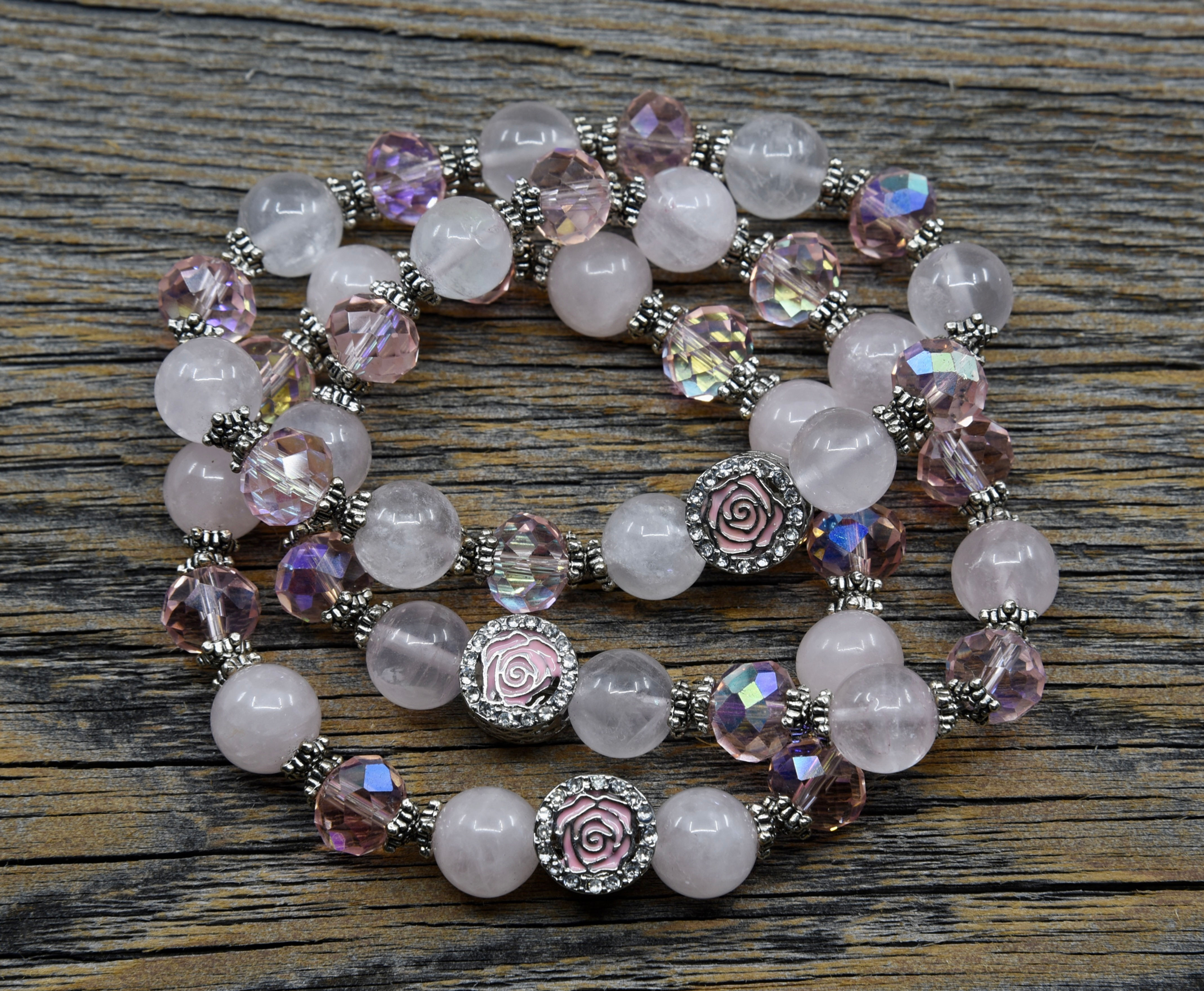 Rose Quartz Bracelet with Pink Crystals.  Enamel Rose Crystal Charm.