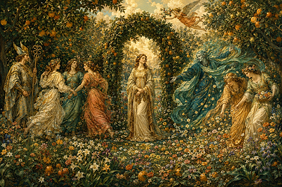 An AI-generated reimagining inspired by the themes and composition of Botticelli’s Primavera, created for this Fae Bella article.