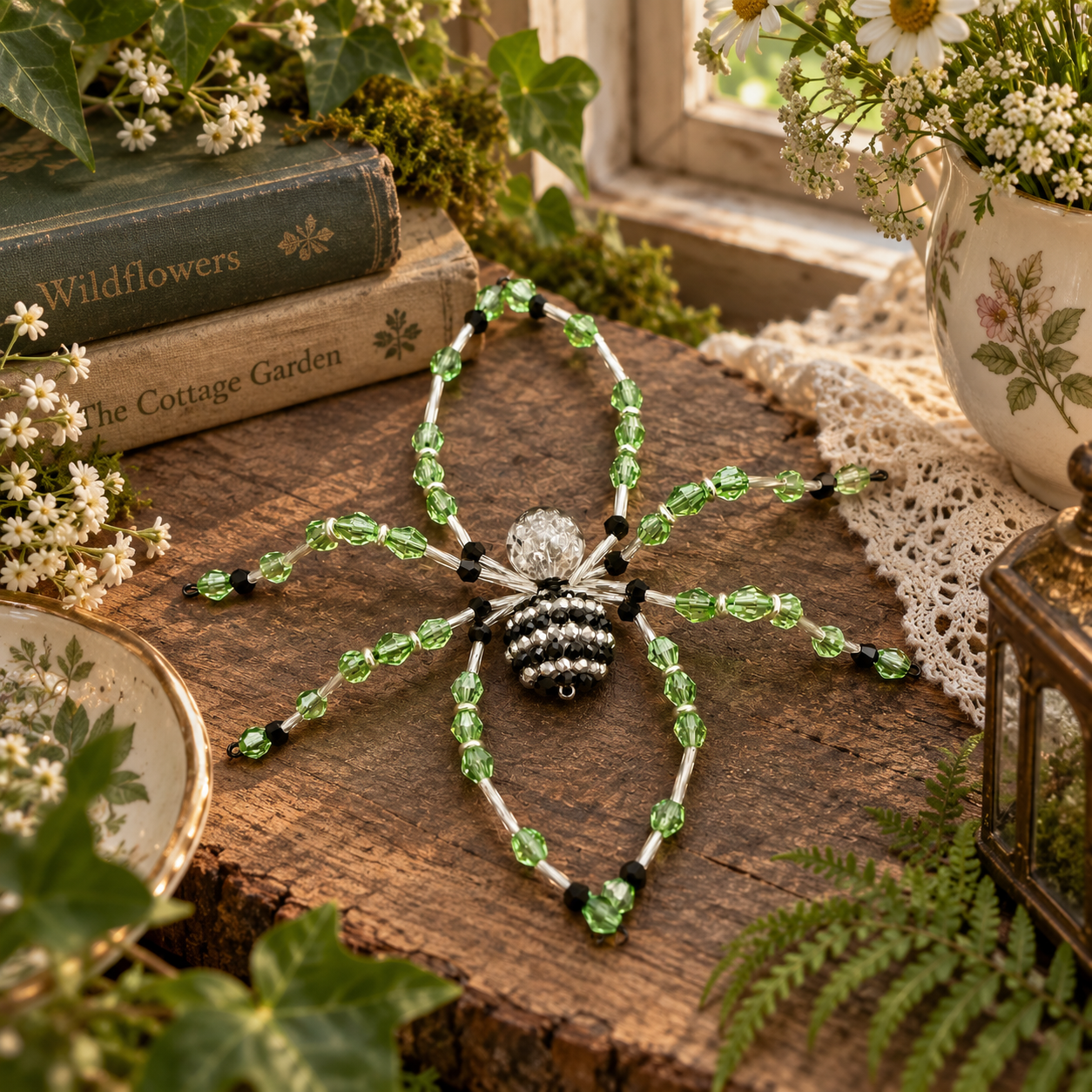 Esmeralda beaded spider displayed in a cottagecore setting.