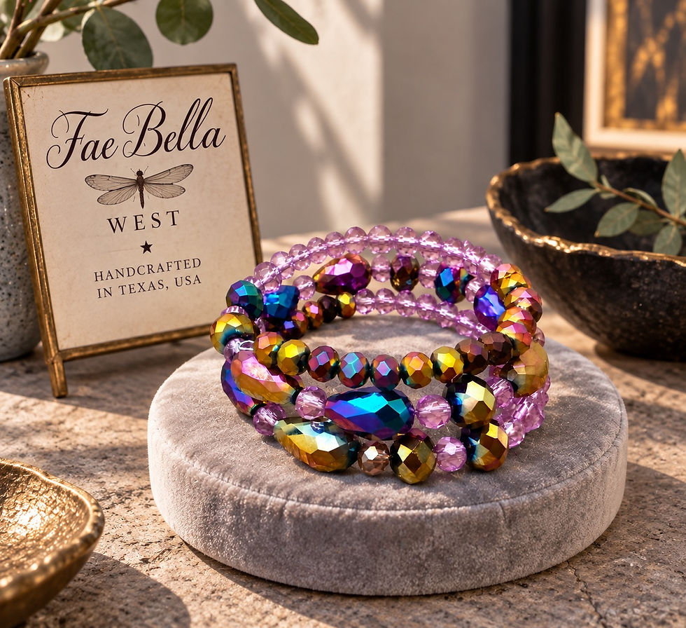 Thumbnail: Mystic Dusk lavender and iridescent beaded bracelet displayed on a wrist, handcrafted by Fae Bella West in Texas.