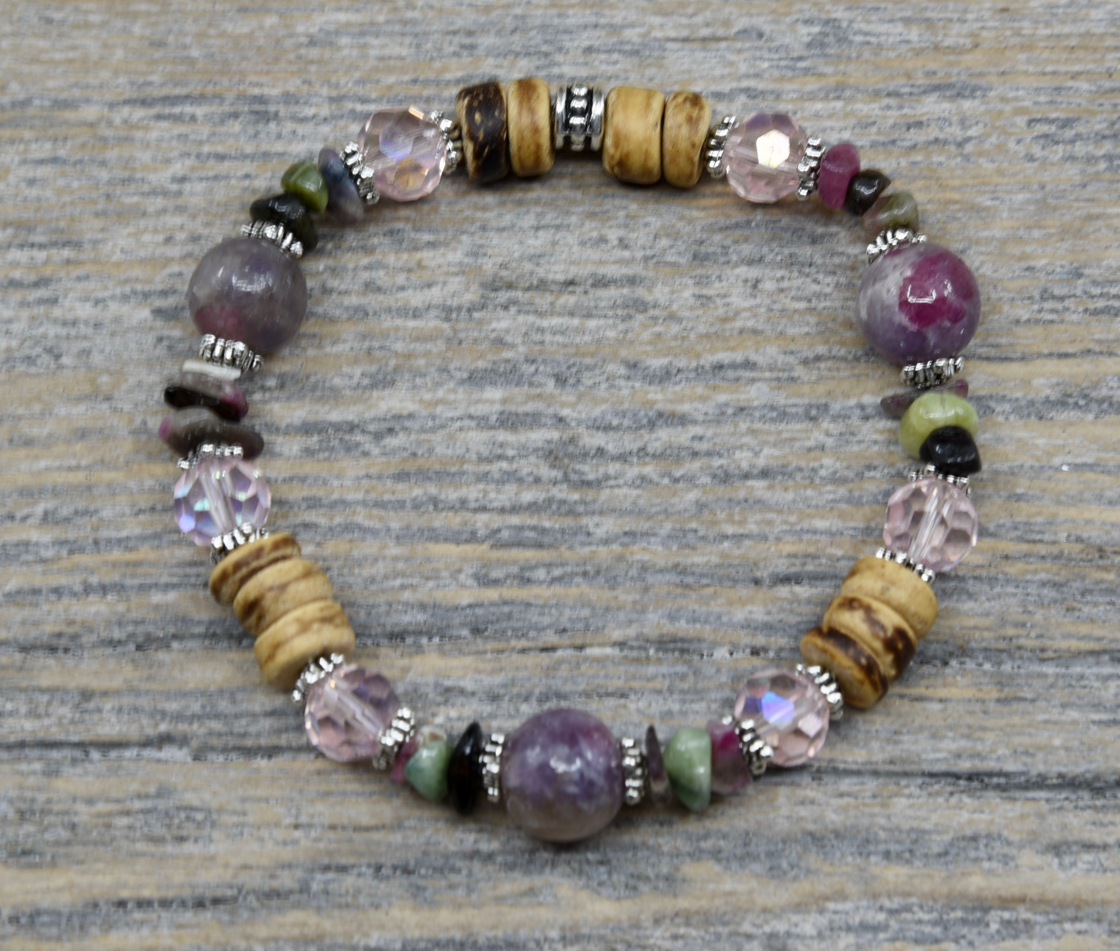 Pink Tourmaline and Crystal Boho Bracelet.