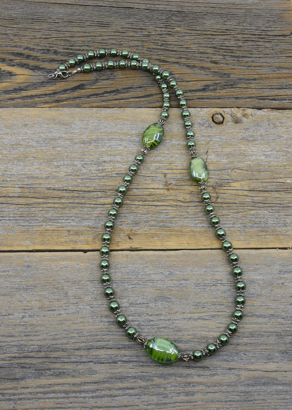 Thumbnail: Long Green Art Glass and Glass PearlNecklace.
