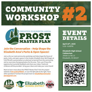 Square PROST Master Plan social media graphic promoting Community Workshop #2, featuring bold white and orange typography, the project logo, event details, and a QR code.