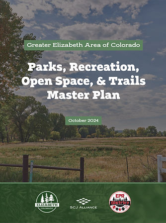 Cover of the Greater Elizabeth Area Parks, Recreation, Open Space, & Trails Master Plan featuring a Colorado landscape photograph, bold white title text, green accents, and the logos of Elizabeth, SCJ Alliance, and EPR District.