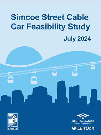 Cover of the Simcoe Street Cable Car Feasibility Study featuring a blue cityscape, cable cars, and abstract wave forms, with the study title and project partner logos.