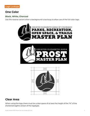 Brand guidelines page showing black, white, and charcoal versions of the Greater Elizabeth PROST Master Plan logo along with a diagram demonstrating minimum clear space around the mark.