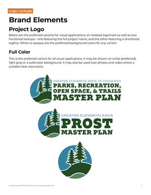 Brand guidelines page showing three full-color Greater Elizabeth PROST Master Plan logo variations, including full-name, shortened, and standalone symbol lockups.