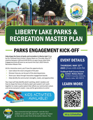 Liberty Lake Parks & Recreation Master Plan kickoff flyer featuring a playground photograph, project branding, event details, and a QR code.