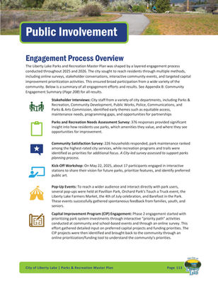 Public Involvement page featuring a blue section header, engagement process overview, and six color-coded icons representing stakeholder interviews, surveys, workshops, pop-up events, and capital improvement program engagement.