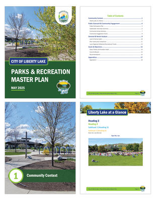 Pages from the Liberty Lake Parks & Recreation Master Plan Word template, showing the final publication layout with consistent typography, green and blue branding, section styling, imagery, and footer elements.