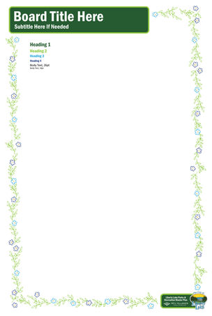 Portrait-format Liberty Lake Parks & Recreation engagement board template with a green title banner, sample typography, and a decorative floral border around the page.