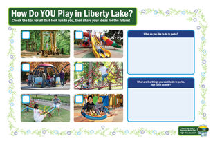 Liberty Lake parks engagement board showing photographs of playground activities alongside questions about how residents use parks.