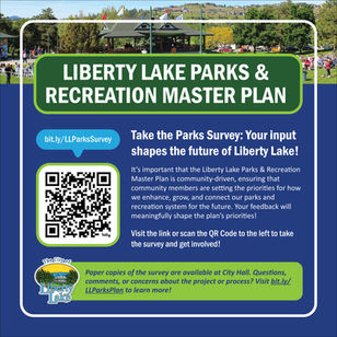 Social media graphic for the Liberty Lake Parks & Recreation Master Plan survey featuring a park photograph, blue and green branding, survey messaging, and a QR code.