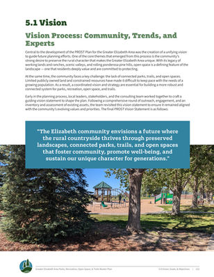 PROST Master Plan vision page featuring introductory text, a large blue vision statement callout, and a full-width photograph of a community playground and park.