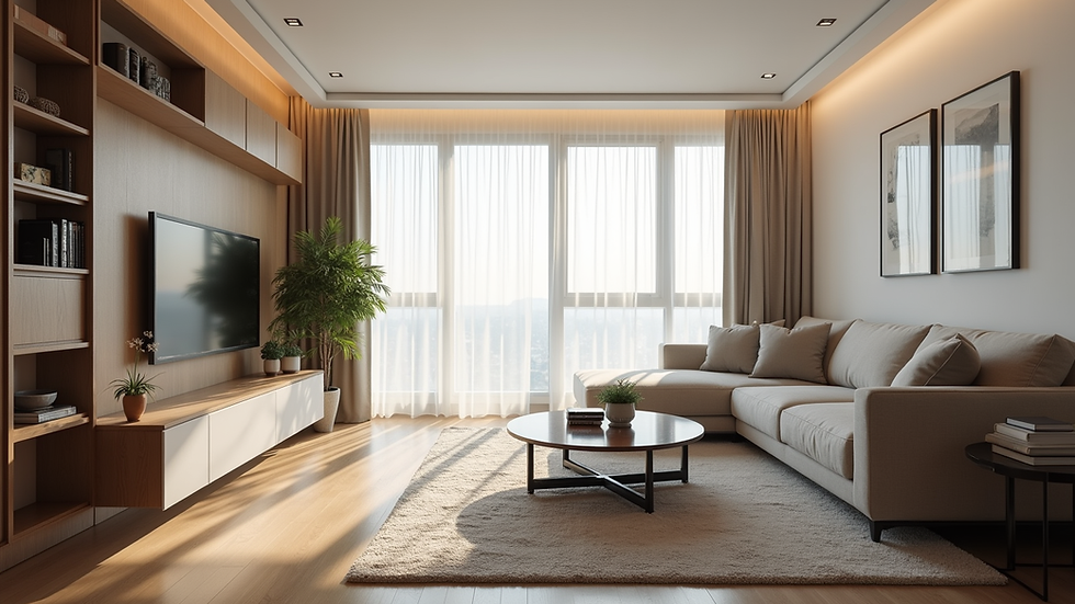 Eye-level view of a modern apartment living room with natural light