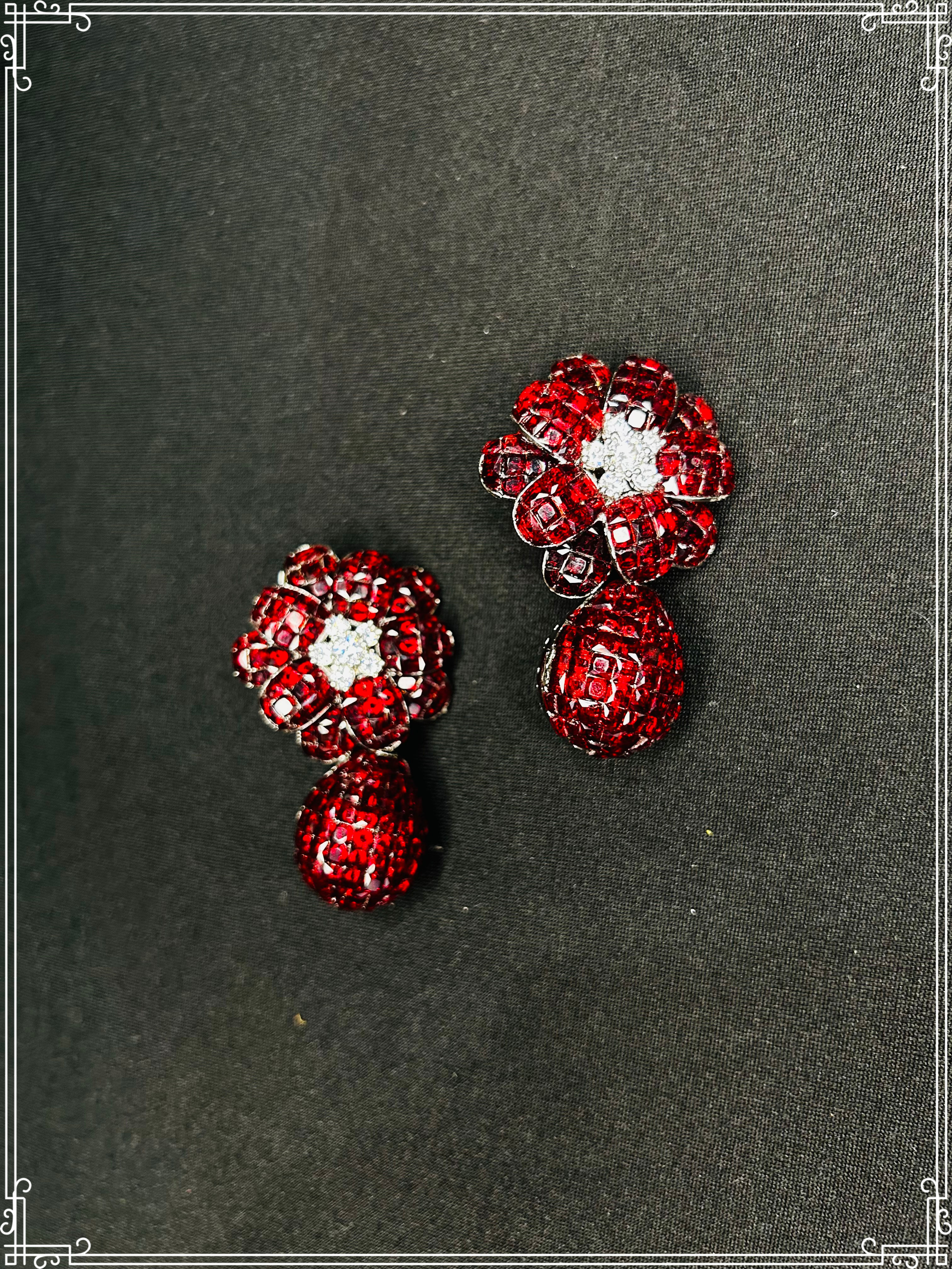 Red Flower earrings invisible setting with clip back 