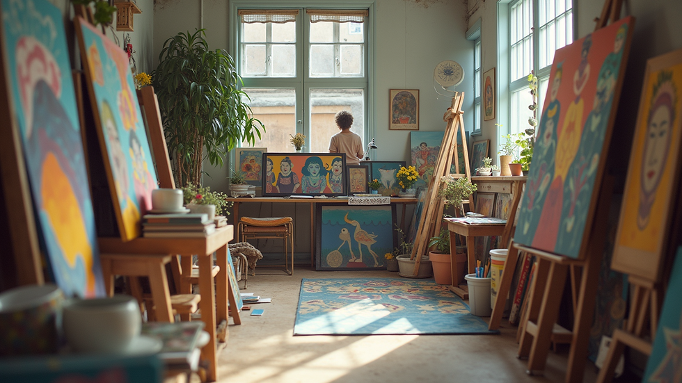 Eye-level view of a vibrant art studio filled with colorful paintings