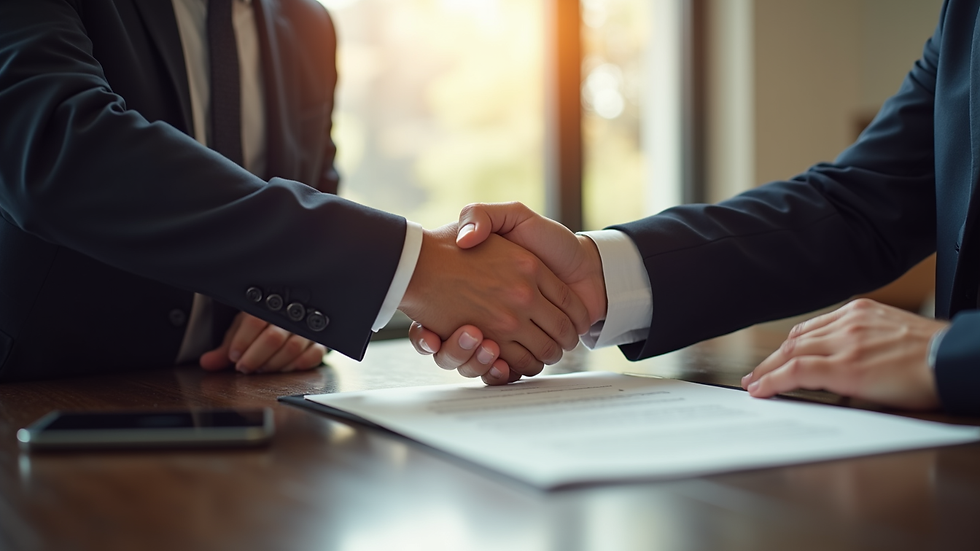 High angle view of business partners shaking hands over a signed agreement