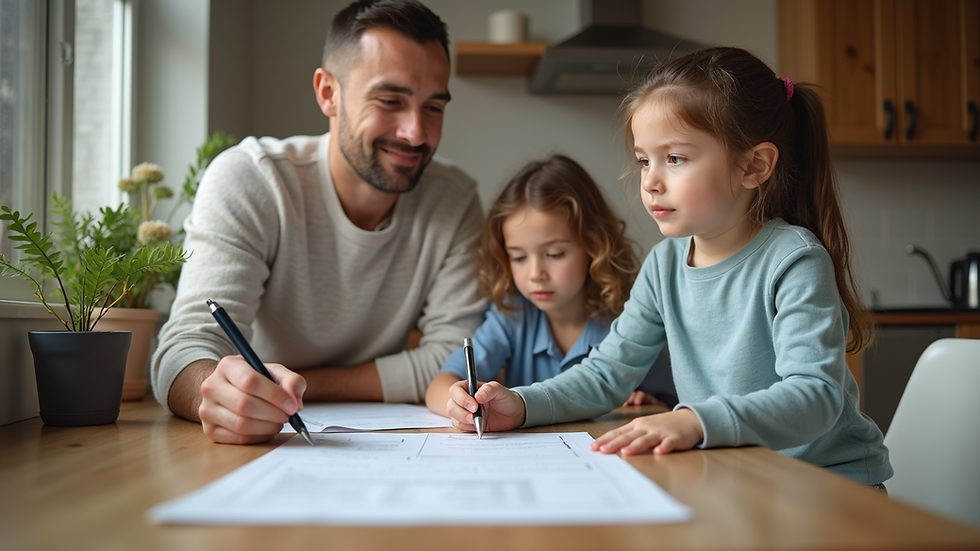 Eye-level view of a family reviewing life insurance documents at a kitchen table