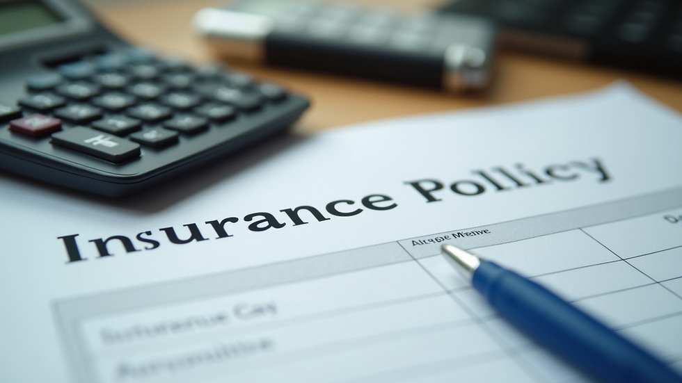 Close-up view of insurance policy documents and calculator on a desk