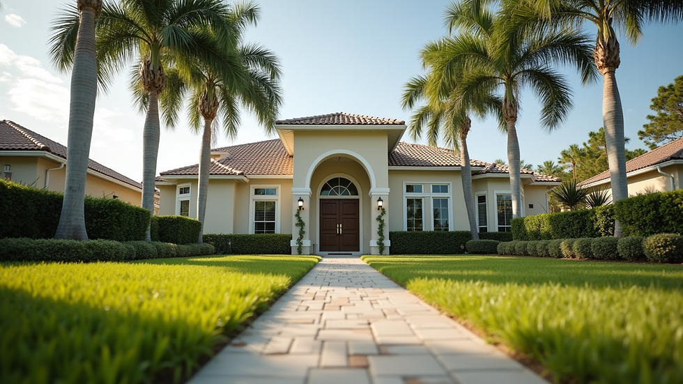 Eye-level view of a suburban Florida home with palm trees