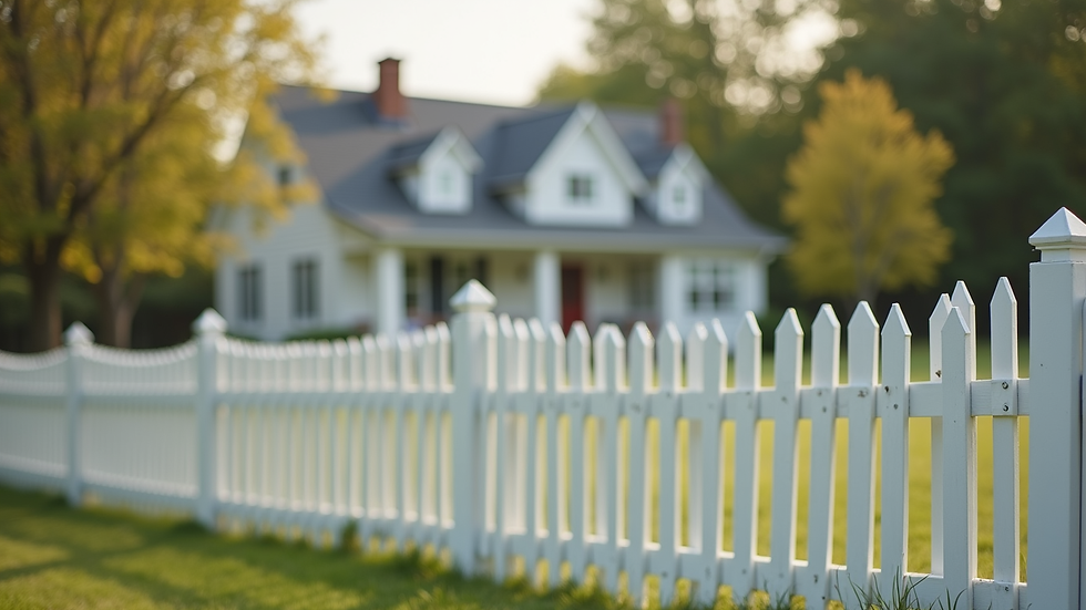 Eye-level view of a family home with a white picket fence