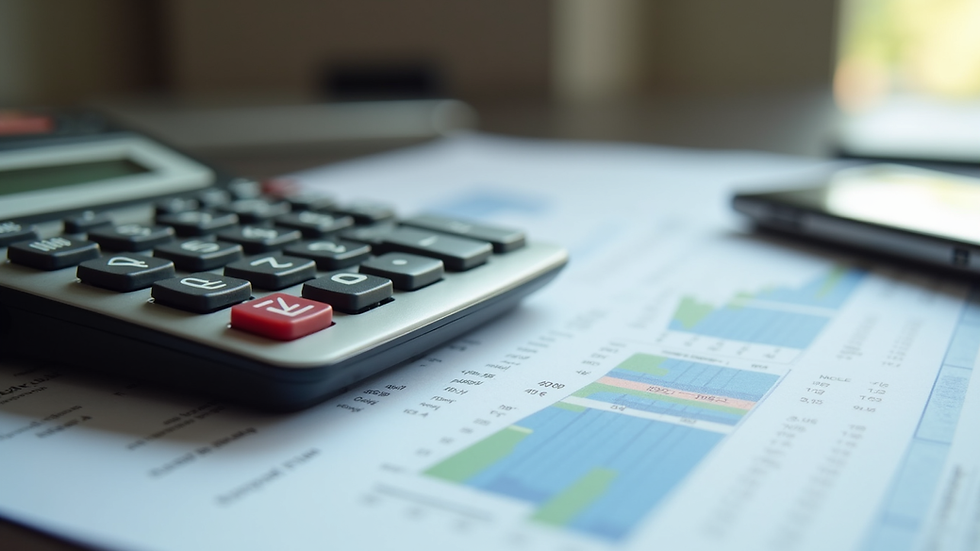Close-up view of a calculator and financial documents on a desk