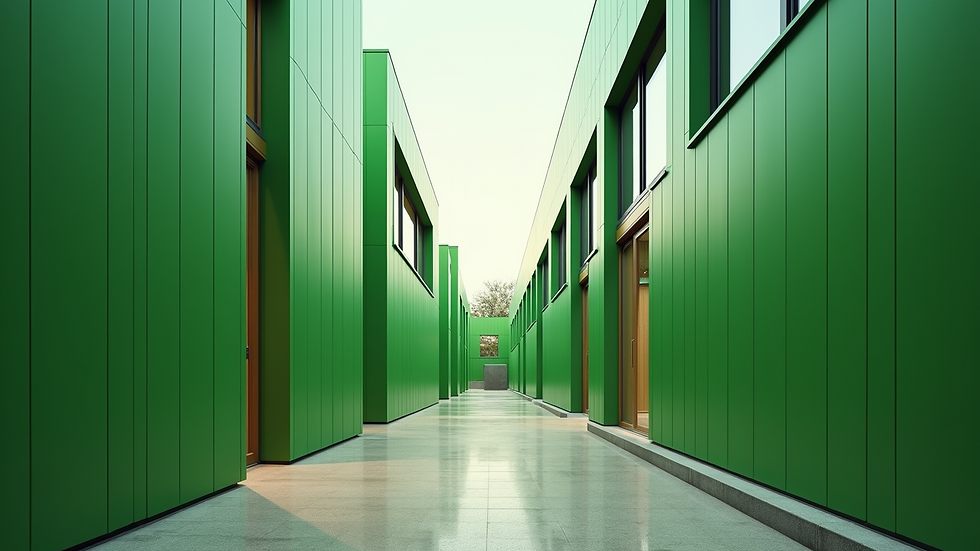 Eye-level view of a modern eco-friendly building with green walls