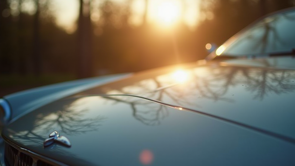 Close-up view of a shiny car hood reflecting sunlight