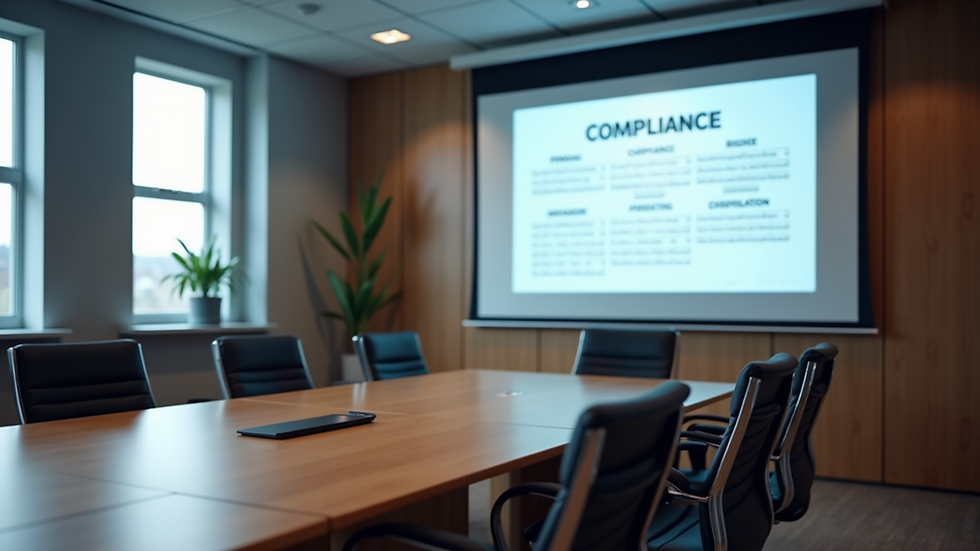 High angle view of a conference room with a projector screen displaying compliance materials