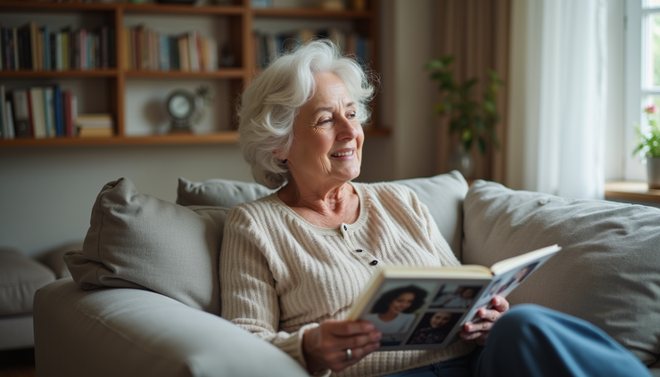Eye-level view of a senior woman sitting in a cozy living room, holding a photo album and smiling