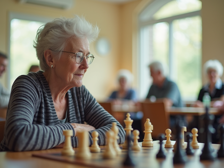 Senior woman playing chess at a community centre in Victoria, BC
